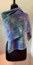 Load image into Gallery viewer, Blue greens and purple multidyed bouquet shawl. .  Crepe de chine 72x22” bold fun. This beautiful silk makes a unique dresser cover and scarf