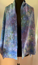 Load image into Gallery viewer, Blue greens and purple multidyed bouquet shawl. .  Crepe de chine 72x22” bold fun. This beautiful silk makes a unique dresser cover and scarf