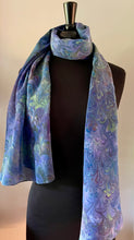 Load image into Gallery viewer, Blue greens and purple multidyed bouquet shawl. .  Crepe de chine 72x22” bold fun. This beautiful silk makes a unique dresser cover and scarf