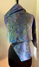 Load image into Gallery viewer, Blue greens and purple multidyed combed shawl. .  Crepe de chine 72x22 ” bold fun. This beautiful silk makes a unique dresser cover and scarf