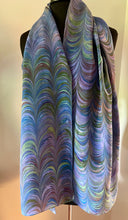 Load image into Gallery viewer, Blue greens and purple multidyed combed shawl. .  Crepe de chine 72x22 ” bold fun. This beautiful silk makes a unique dresser cover and scarf