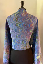 Load image into Gallery viewer, Blue greens and purple multidyed combed shawl. .  Crepe de chine 72x22 ” bold fun. This beautiful silk makes a unique dresser cover and scarf