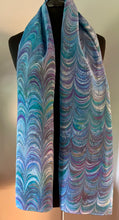 Load image into Gallery viewer, Blue Comb two sided shawl. .  Crepe de chine 72x22” bold fun. This beautiful silk shawl  also can  be a shirt and skirt!