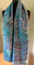 Load image into Gallery viewer, Blue Comb two sided shawl. .  Crepe de chine 72x22” bold fun. This beautiful silk shawl  also can  be a shirt and skirt!