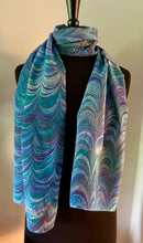 Load image into Gallery viewer, Blue Comb two sided shawl. .  Crepe de chine 72x22” bold fun. This beautiful silk shawl  also can  be a shirt and skirt!