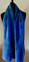 Load image into Gallery viewer, Blue bouquet shawl. Crepe de chine 72x22 ” bold fun. This beautiful silk makes a unique dresser cover and scarf.