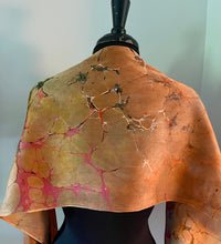 Load image into Gallery viewer, Orange Italian Vein marbled Charmeuse Silk 72x14” bold fun. This beautiful silk makes a unique dresser cover and scarf.
