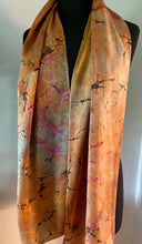 Load image into Gallery viewer, Orange Italian Vein marbled Charmeuse Silk 72x14” bold fun. This beautiful silk makes a unique dresser cover and scarf.