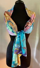 Load image into Gallery viewer, Double sided Garden Charmeuse Silk 72x14” bold fun. This beautiful silk makes a unique dresser cover and scarf .