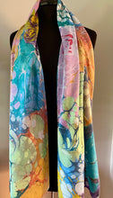 Load image into Gallery viewer, Double sided Garden Charmeuse Silk 72x14” bold fun. This beautiful silk makes a unique dresser cover and scarf .