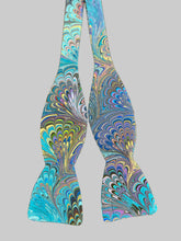 Load image into Gallery viewer, Blue multicolored bouquet water marbled silk bow tie