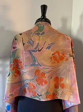 Load image into Gallery viewer, Klimt Flowers on fall pink Crepe de chine 72x22” bold fun. This beautiful silk shawl also can be a shirt and skirt!