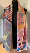 Load image into Gallery viewer, Klimt Flowers on fall pink Crepe de chine 72x22” bold fun. This beautiful silk shawl also can be a shirt and skirt!