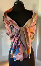 Load image into Gallery viewer, Klimt Flowers on fall pink Crepe de chine 72x22” bold fun. This beautiful silk shawl also can be a shirt and skirt!