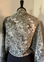 Load image into Gallery viewer, Black & White bouquet two sided shawl. Crepe de chine 72x22” bold fun. This beautiful silk shawl. also can be a shirt and skirt!
