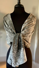 Load image into Gallery viewer, Black & White bouquet two sided shawl. Crepe de chine 72x22” bold fun. This beautiful silk shawl. also can be a shirt and skirt!