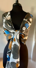 Load image into Gallery viewer, Neutral Blue Stone two sided shawl. Crepe de chine 72x22” bold fun. This beautiful silk shawl. also can be a shirt and skirt! )