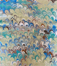Load image into Gallery viewer, Blue Green brown Bouquet Pattern 21x21 Square Habotai silk. Wear this unique piece in your hair, as a neckerchief, pocket square, or accessorize your dog.