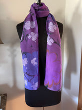 Load image into Gallery viewer, Purple Flowers water marbled Silk, Scarf, table runner or wall hanging. One of a kind.. original.