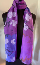 Load image into Gallery viewer, Purple Flowers water marbled Silk, Scarf, table runner or wall hanging. One of a kind.. original.