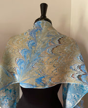 Load image into Gallery viewer, Double sided blue orange water marbled Silk, Scarf, table runner or wall hanging. One of a kind.. original.