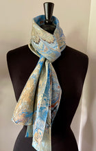 Load image into Gallery viewer, Double sided blue orange water marbled Silk, Scarf, table runner or wall hanging. One of a kind.. original.