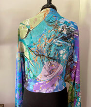 Load image into Gallery viewer, Blue greens and purple random twice marbled shawl. . Crepe de chine 72x22 ” bold fun. This beautiful silk makes a unique dresser cover. and scarf