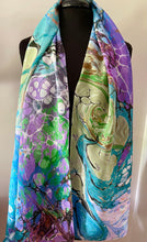 Load image into Gallery viewer, Blue greens and purple random twice marbled shawl. . Crepe de chine 72x22 ” bold fun. This beautiful silk makes a unique dresser cover. and scarf