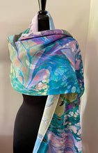 Load image into Gallery viewer, Blue greens and purple random twice marbled shawl. . Crepe de chine 72x22 ” bold fun. This beautiful silk makes a unique dresser cover. and scarf
