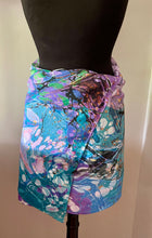 Load image into Gallery viewer, Blue greens and purple random twice marbled shawl. . Crepe de chine 72x22 ” bold fun. This beautiful silk makes a unique dresser cover. and scarf
