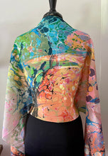 Load image into Gallery viewer, Colors. Twice marbled shawl. . Crepe de chine 72x22” bold fun. This beautiful silk shawl also can be a shirt and skirt!