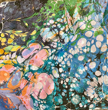 Load image into Gallery viewer, Many Colors twice marbled 21x21 Square Habotai silk. Wear this unique piece in your hair, as a neckerchief, pocket square, or accessorize your dog.