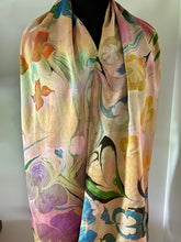 Load image into Gallery viewer, Klimt’s Flowers Multidyed Charmeuse Silk 72x14” bold fun. This beautiful silk makes a unique dresser cover and scarf