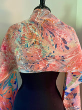 Load image into Gallery viewer, Double sided orange blue pink water marbled Silk, Scarf, table runner or wall hanging. One of a kind.. original.