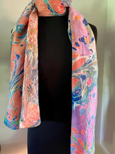 Load image into Gallery viewer, Double sided orange blue pink water marbled Silk, Scarf, table runner or wall hanging. One of a kind.. original.