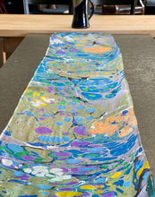 Load image into Gallery viewer, Monets Pond two sided Charmeuse Silk 72x14” bold fun. This beautiful silk makes a unique dresser cover and scarf