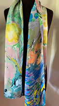 Load image into Gallery viewer, Monets Pond two sided Charmeuse Silk 72x14” bold fun. This beautiful silk makes a unique dresser cover and scarf
