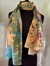 Load image into Gallery viewer, Sunset Fall Colors Crepe de chine 72x22” bold fun. This beautiful silk shawl also can be a shirt and skirt!
