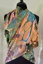 Load image into Gallery viewer, Sunset Fall Colors Crepe de chine 72x22” bold fun. This beautiful silk shawl also can be a shirt and skirt!
