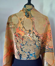 Load image into Gallery viewer, Orange Blue Italian Vein Crepe de chine 72x22” bold fun. This beautiful silk shawl also can be a shirt and skirt!