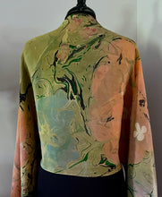 Load image into Gallery viewer, Klimt Flowers two sided Crepe de chine 72x22” bold fun. This beautiful silk shawl also can be a shirt and skirt!