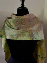 Load image into Gallery viewer, Green Multi Color Bouquet marbled Charmeuse Silk 72x14” bold fun. This beautiful silk makes a unique dresser cover and scarf