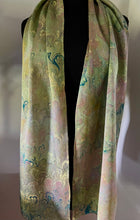 Load image into Gallery viewer, Green Multi Color Bouquet marbled Charmeuse Silk 72x14” bold fun. This beautiful silk makes a unique dresser cover and scarf