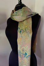 Load image into Gallery viewer, Green Multi Color Bouquet marbled Charmeuse Silk 72x14” bold fun. This beautiful silk makes a unique dresser cover and scarf