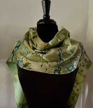 Load image into Gallery viewer, Green Italian Vein marbled Charmeuse Silk 72x14” bold fun. This beautiful silk makes a unique dresser cover and scarf.