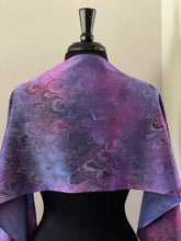 Load image into Gallery viewer, Purple multicolored bouquet marbled Charmeuse Silk 72x14” bold fun. This beautiful silk makes a unique dresser cover and scarf