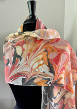Load image into Gallery viewer, Orange very random water marbled 8mm Habotai silk.  Hang on the wall, use as a table runner or wear this unique piece

