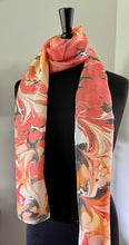 Load image into Gallery viewer, Orange very random water marbled 8mm Habotai silk. Hang on the wall, use as a table runner or wear this unique piece