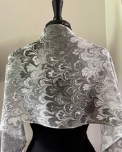 Load image into Gallery viewer, Black gray white bouquet water marbled 8mm Habotai silk.  Hang on the wall, use as a table runner or wear this unique piece