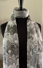 Load image into Gallery viewer, Black gray white bouquet water marbled 8mm Habotai silk.  Hang on the wall, use as a table runner or wear this unique piece